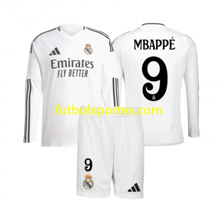 Camiseta Real Madrid Kylian Mbappé 9 Niño Primera Equipación 2024/2025 Manga Larga